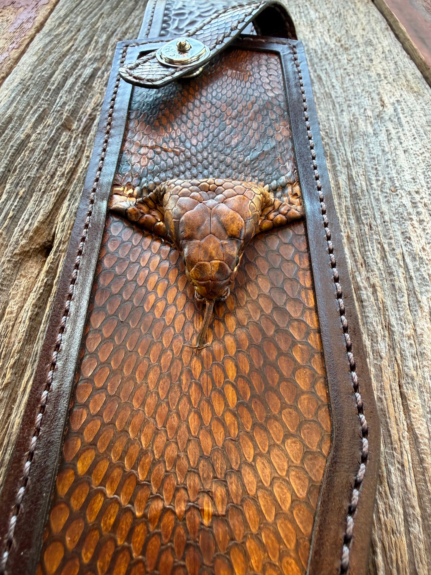 New Randall Model 12-11 Smitty Sheath in Exotic Cobra with actual head by Treeman. Black and Browns … Only have one.