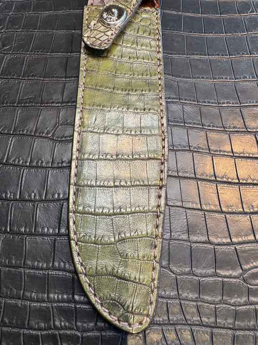 Randall Model 1-8 in Army Green Crocodile. Straight hilt, Canteen Snap, full brass stamping and stitching.