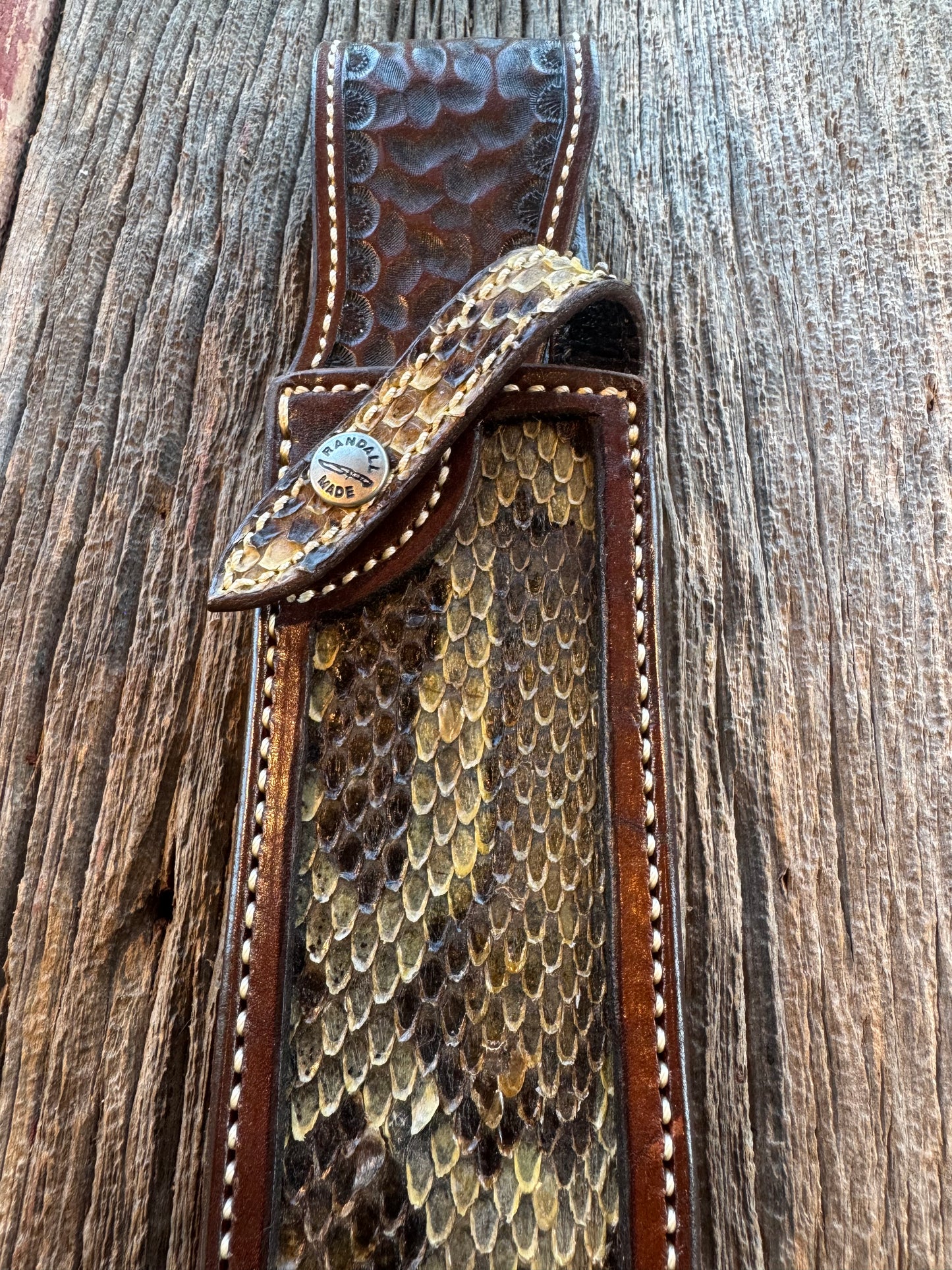 New Randall Model 12-9 Bowie in Exotic Brown Scale Python inlay (very rare) Custom Made at Sullivan’s by Gutcher.