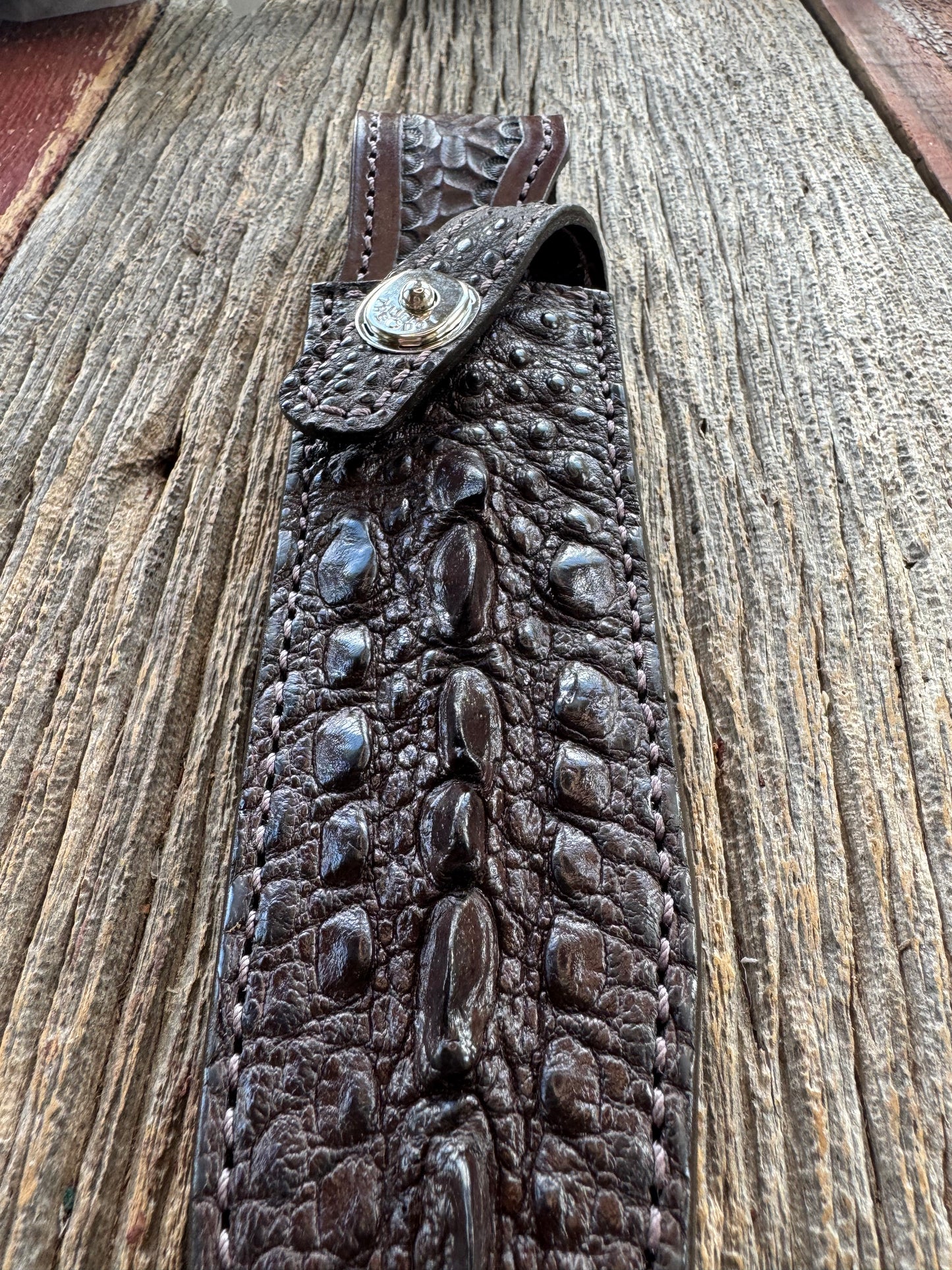 Randall Model 16-7 SP1 Sheath in Exotic Brown Snapping Turtle by Treeman. Spiked Dragon tail portion of the turtle.