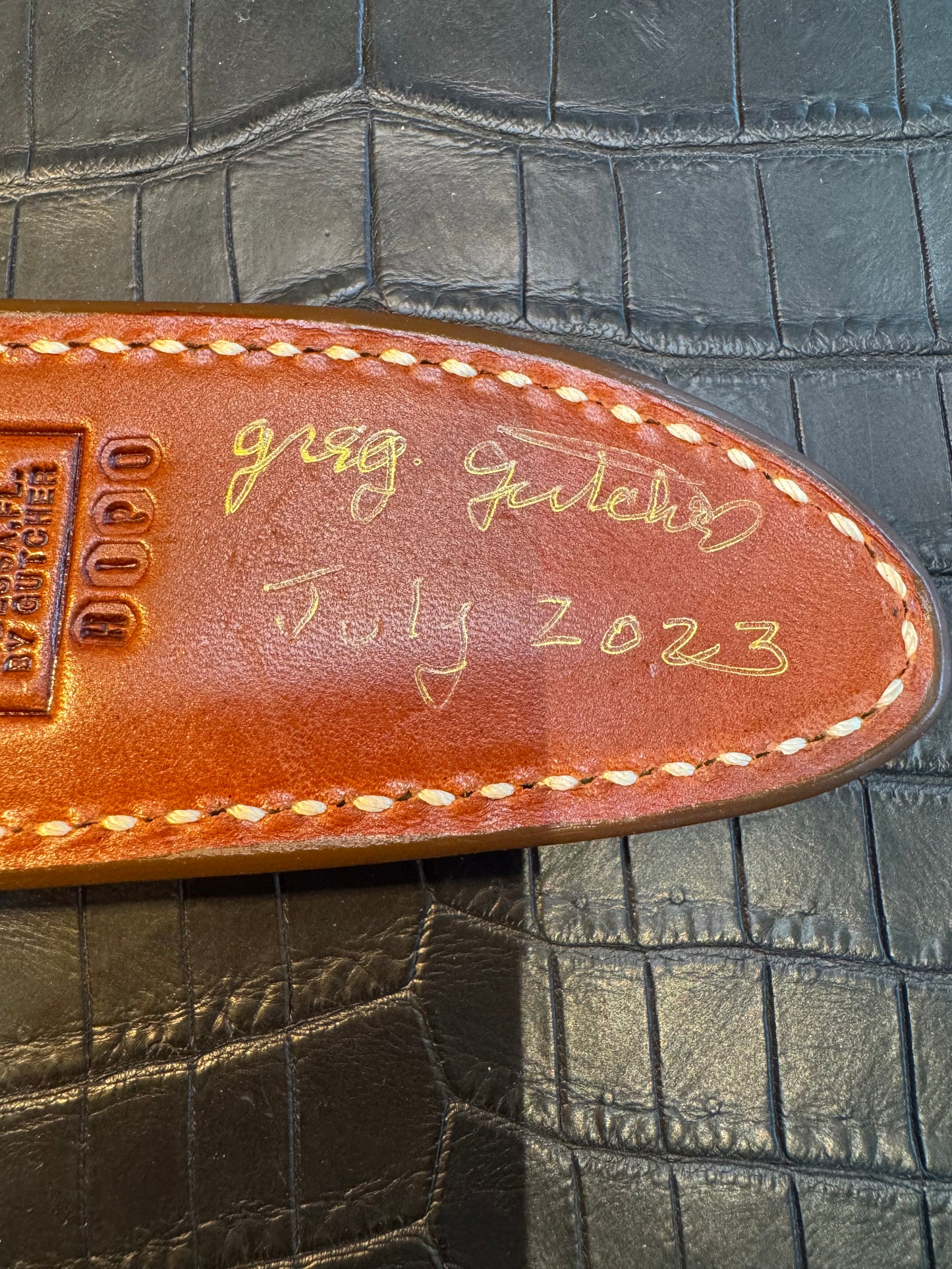 New Randall for a 5 Inch Blade straight Sheath in Exotic Tan/Gold Hippo Custom Made at Sullivan’s by Gutcher.
