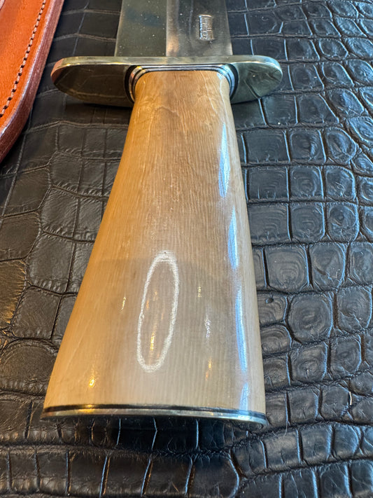 Randall Model 12-11 Smithsonian “Smitty” in a Huge piece of Green and Tan Fossil Walrus Ivory. Nickel Silver Hilt and Butt plate.