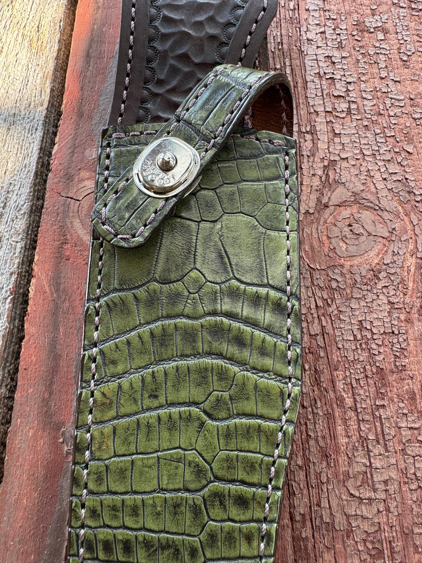 Randall Model 12-8 “Big Bear” Sheath in Exotic Army Green Crocodile by Treeman.