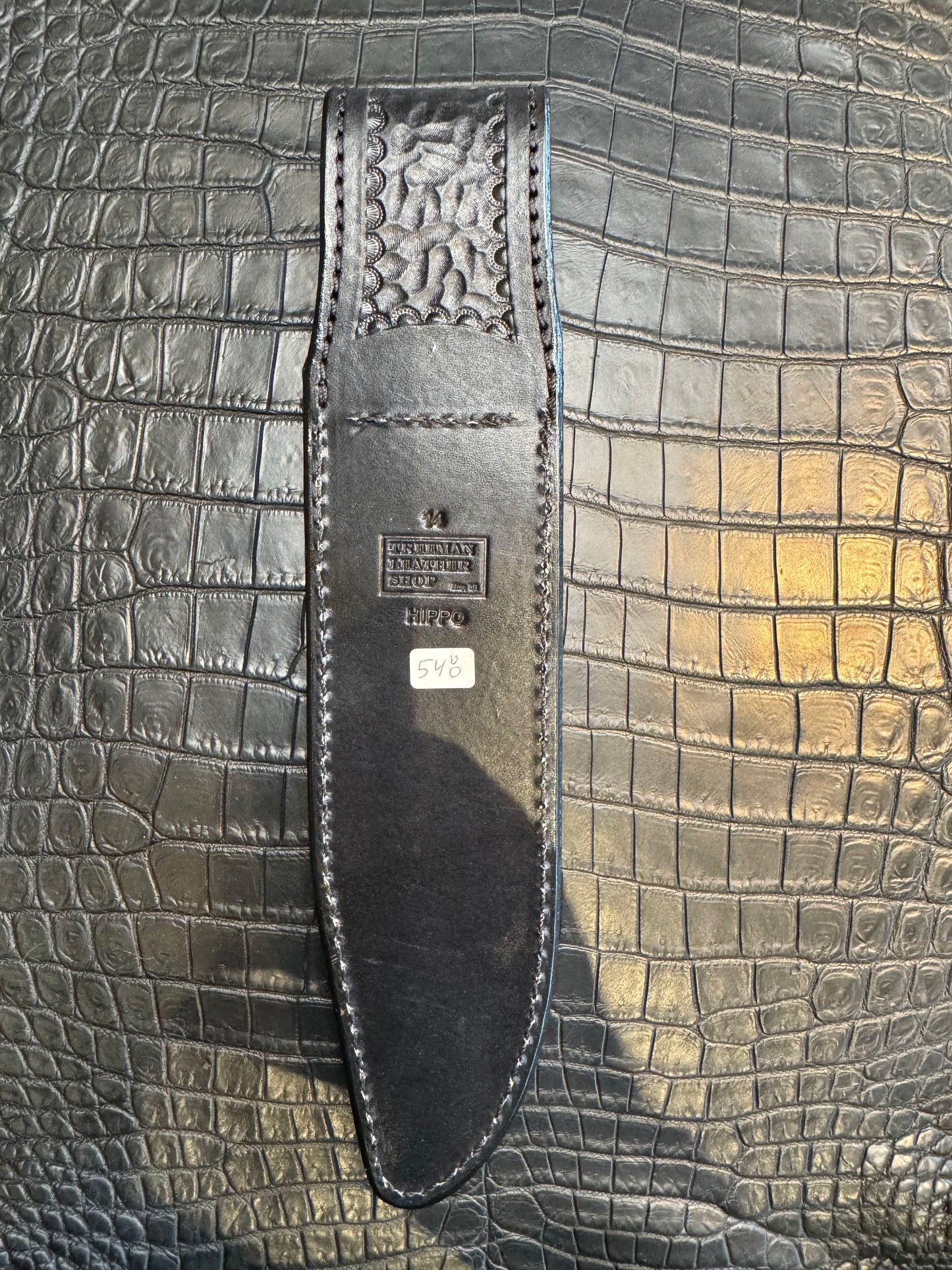 Randall Model 14 in Black Hippo Straight hilt, Canteen Snap, full brass stamping and stitching.