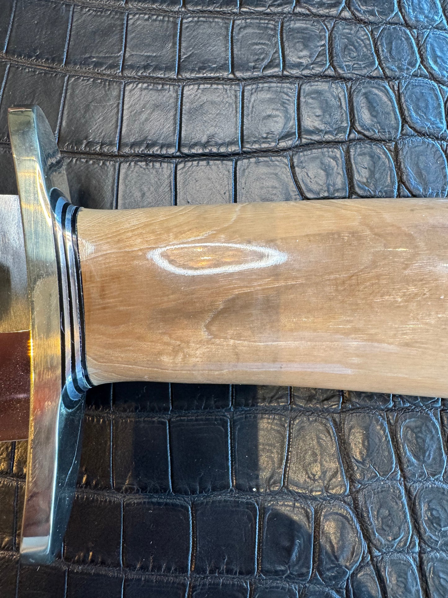 Randall Model 12-11 Smithsonian “Smitty” in a Huge piece of Green and Tan Fossil Walrus Ivory. Nickel Silver Hilt and Butt plate.
