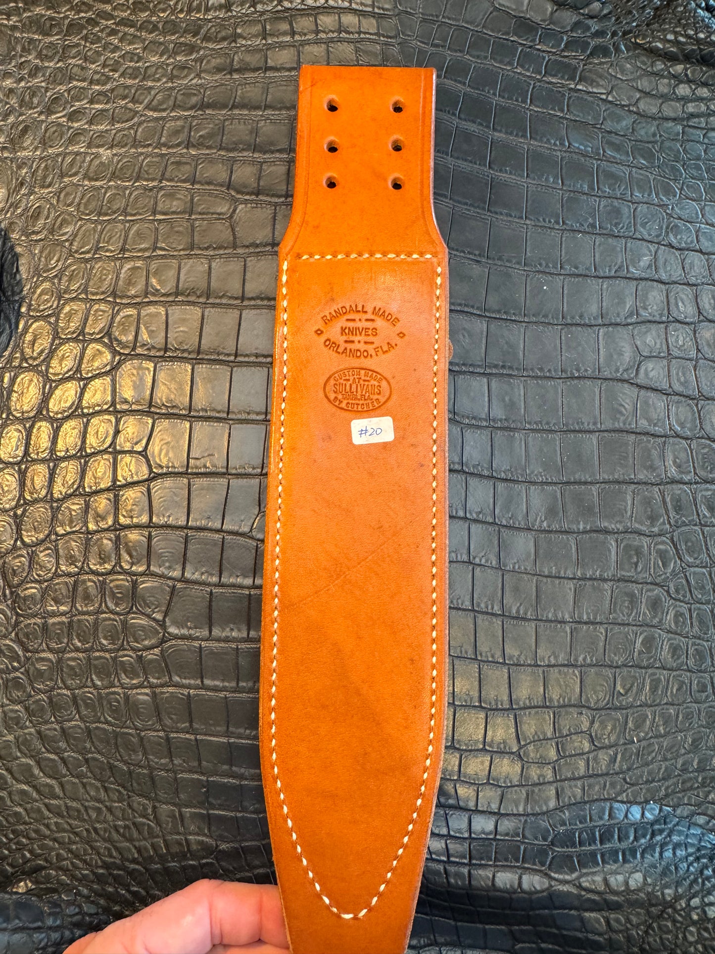 Randall Model 12-9 Sheath (with Stone) in Tan Leather made at Sullivans by Gutcher in Tampa Florida. Official sheath maker for Randall Knives.