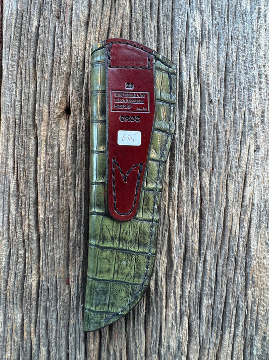 Randall Model 26 Sheath in Exotic Army Green Crocodile Throat style from Treeman.