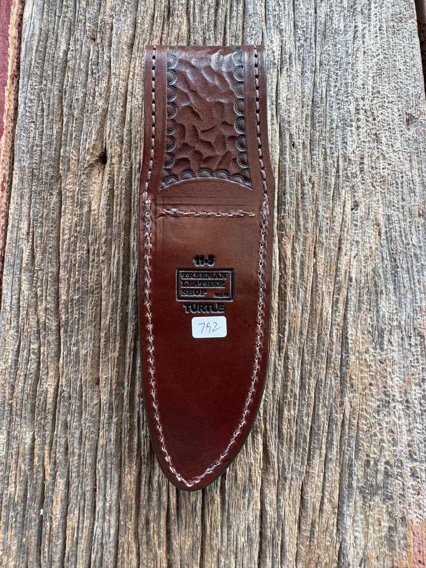 Randall Model 11-5 Sheath in Exotic Light Brown Snapping Turtle by Treeman. Spiked Dragon tail portion of the turtle.