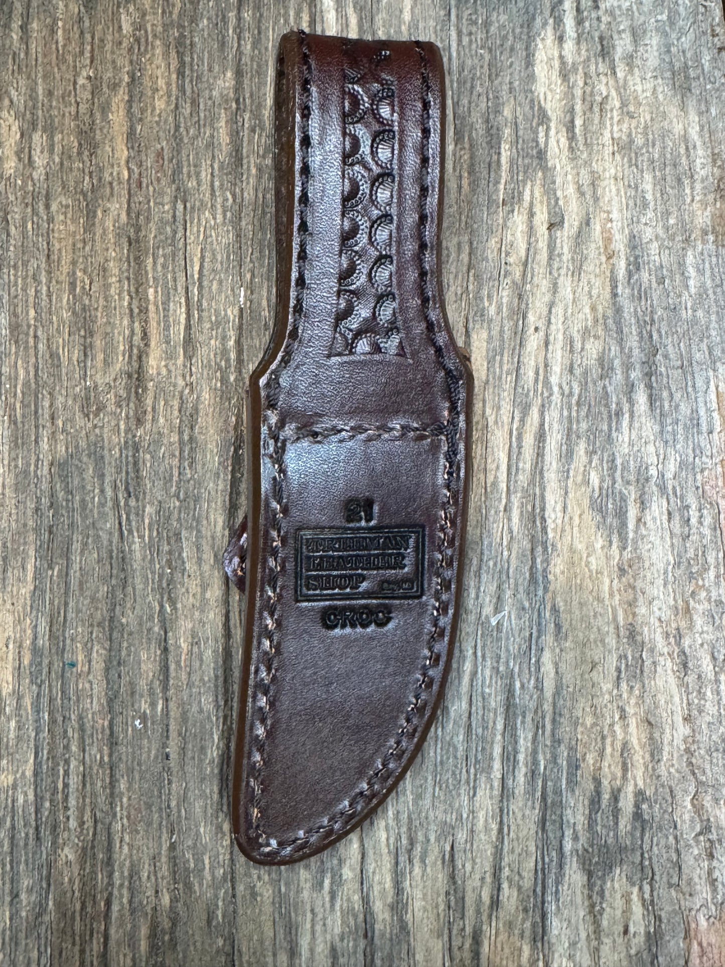 Randall Model 21 Sheath in Exotic Brown Sueded Crocodile from Treeman.