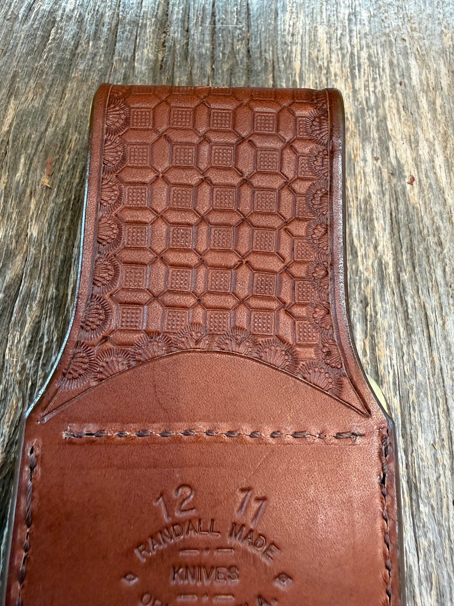 New Randall Model 12-11 Smithsonian “Smitty” Sheath in Exotic cream colored Ostrich Leg ( very rare) Custom Made at Sullivan’s by Gutcher.