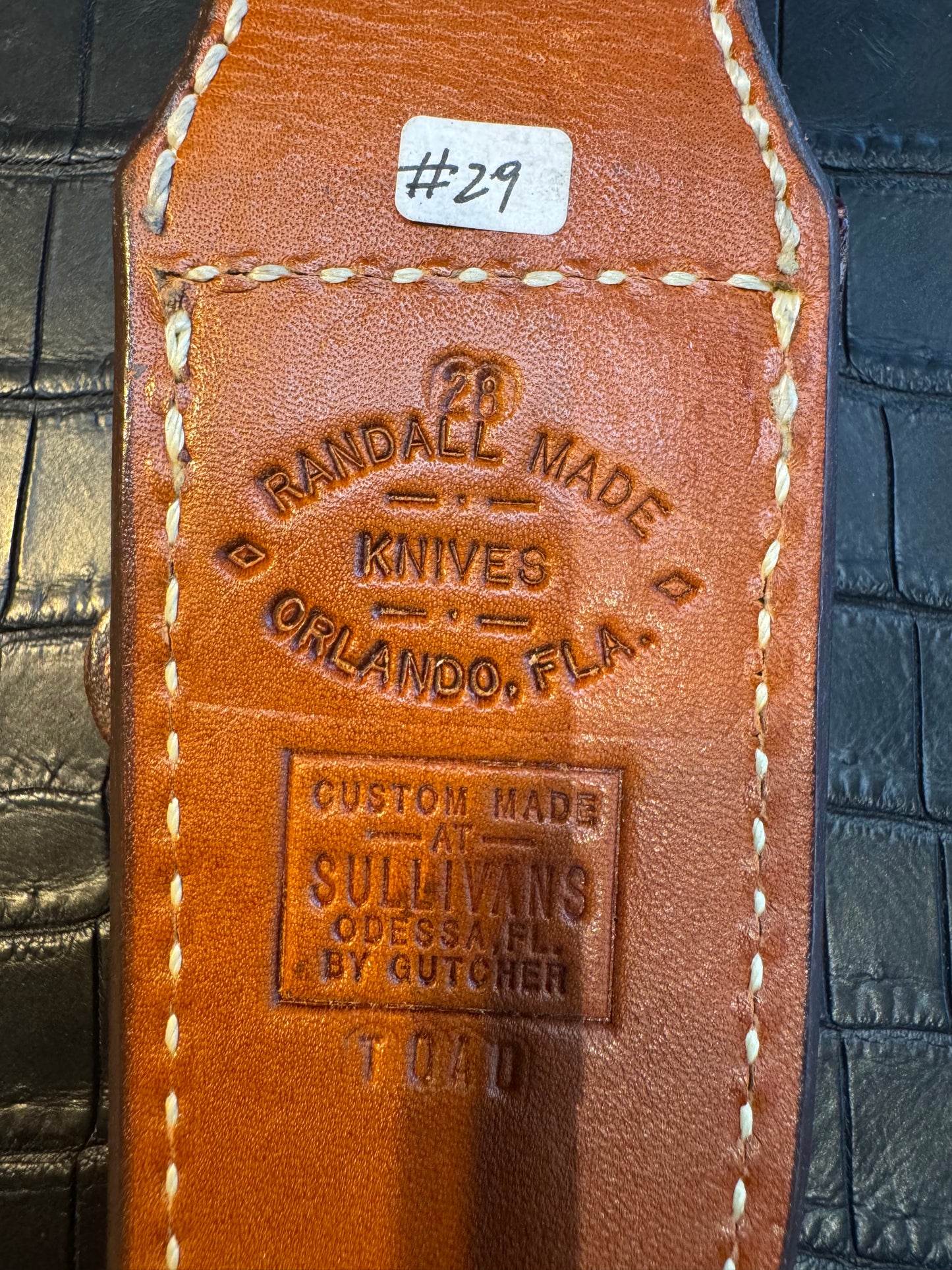 New Randall Model 28 Sheath in Exotic African Toad Custom Made at Sullivan’s by Gutcher.