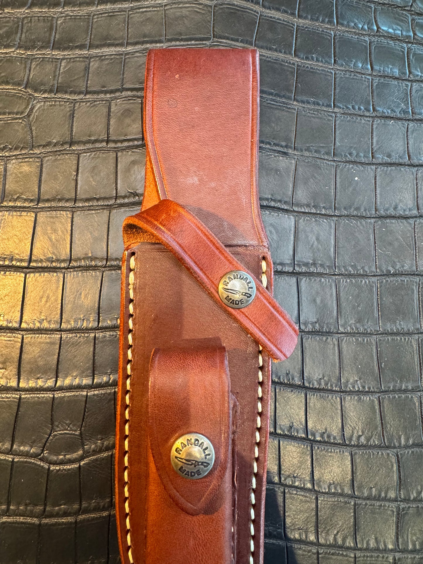 New unused Randall Model 12-6 “Little Bear” Sheath in Brown Leather made at Sullivans by Gutcher in Tampa Florida. Official sheath maker for Randall Knives.