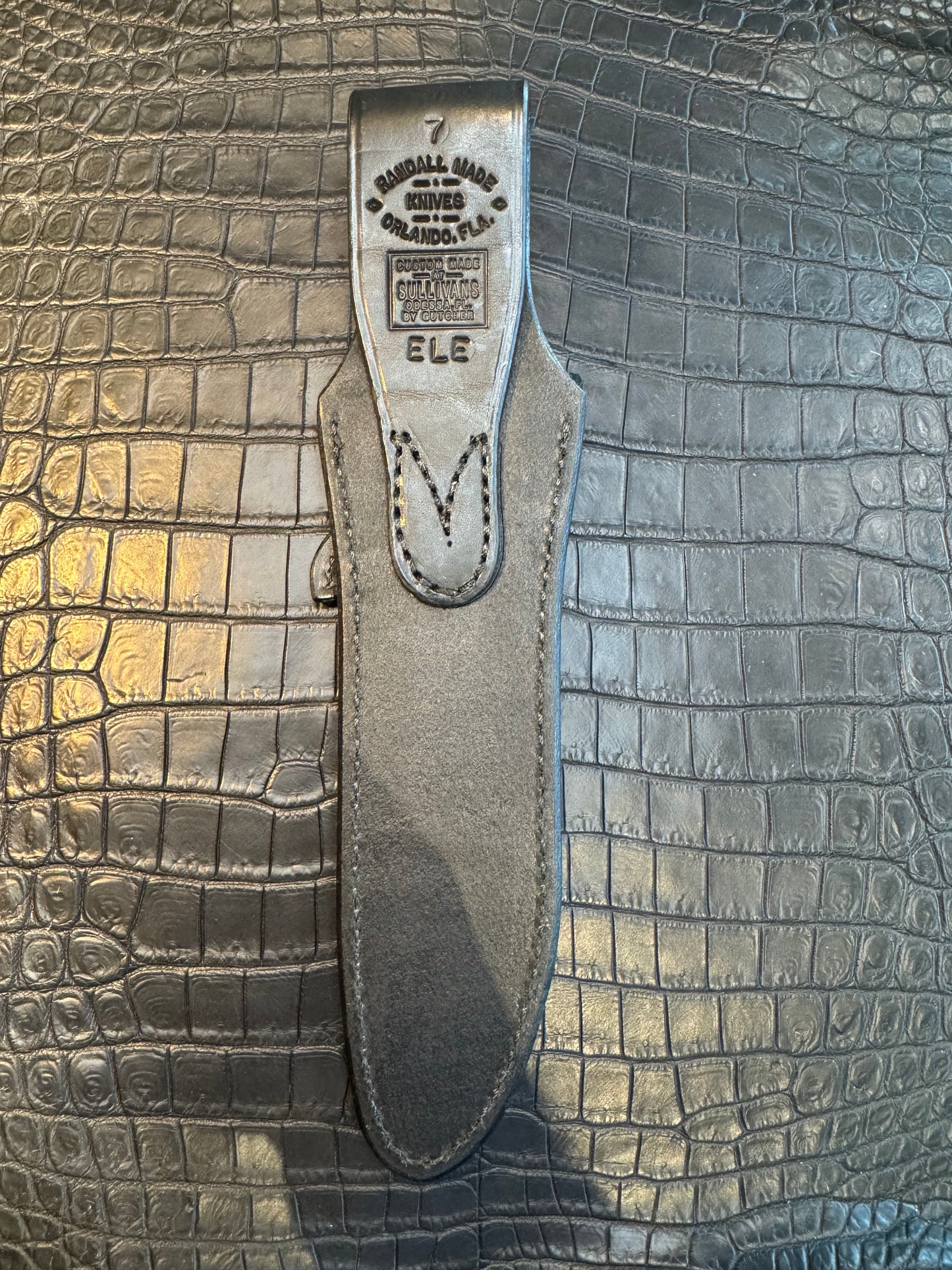 New Randall Model 1-7 or 2-7 Sheath in Exotic Black Elephant Custom Made at Sullivan’s by Gutcher.