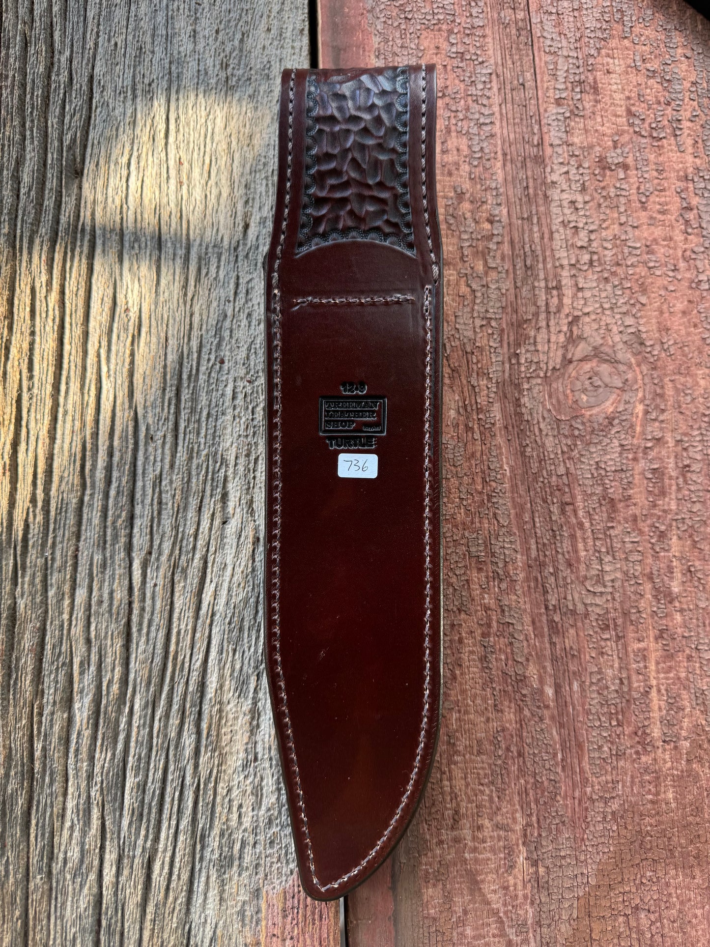 Randall Model 12-9/14 Grind Sheath in Exotic Dark Brown Snapping Turtle by Treeman. Supple tanned leather from the hind quarter.