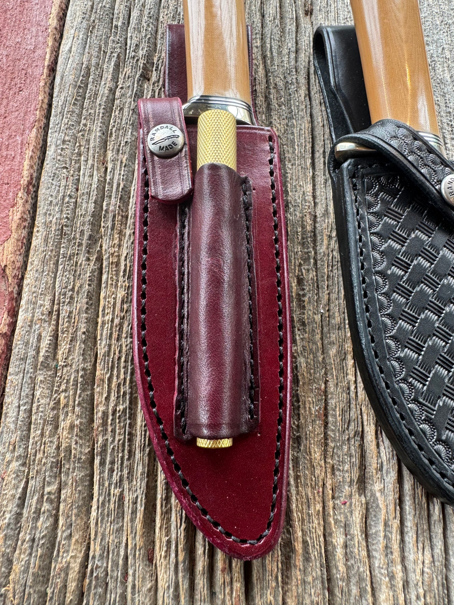 A pair of Randall Stanaback Specials in Bone Linen Micarta. A large and the small Stanaback with a 4 and a 4 1/2” Stainless steel Blade, Nickel Silver Single Hilt with Aluminum & Black Spacers. Nickel silver butt caps and a Lanyard. Special Edition