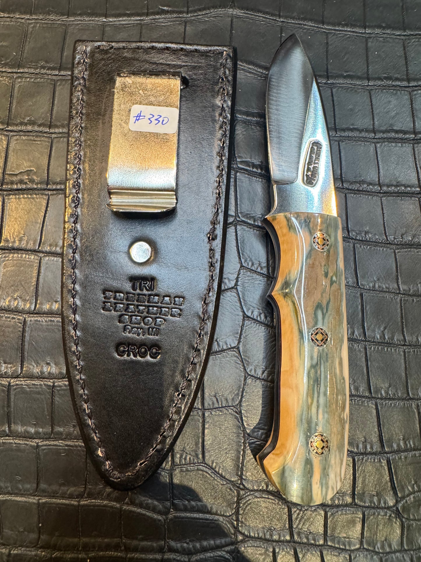 Randall Model Tri Athlete Sheath with Scales Added in Exotic Black Hornback Crocodile by Treeman. (Sheath only)