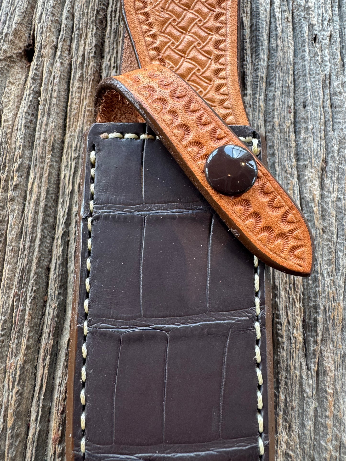 New Randall Model Combat Companion Sheath in Exotic Brown Natural Croc with full leather hand tooled belt loop. Custom Made at Sullivan’s by Gutcher.