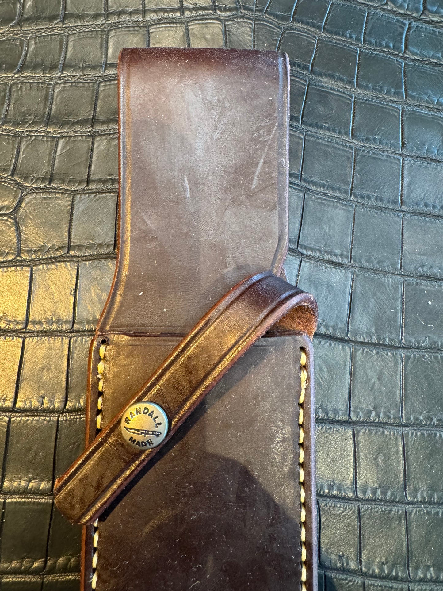 Randall Model Clinton Special Sheath in Brown Waxed Leather made at Sullivans by Gutcher in Tampa Florida. Official sheath maker for Randall Knives.