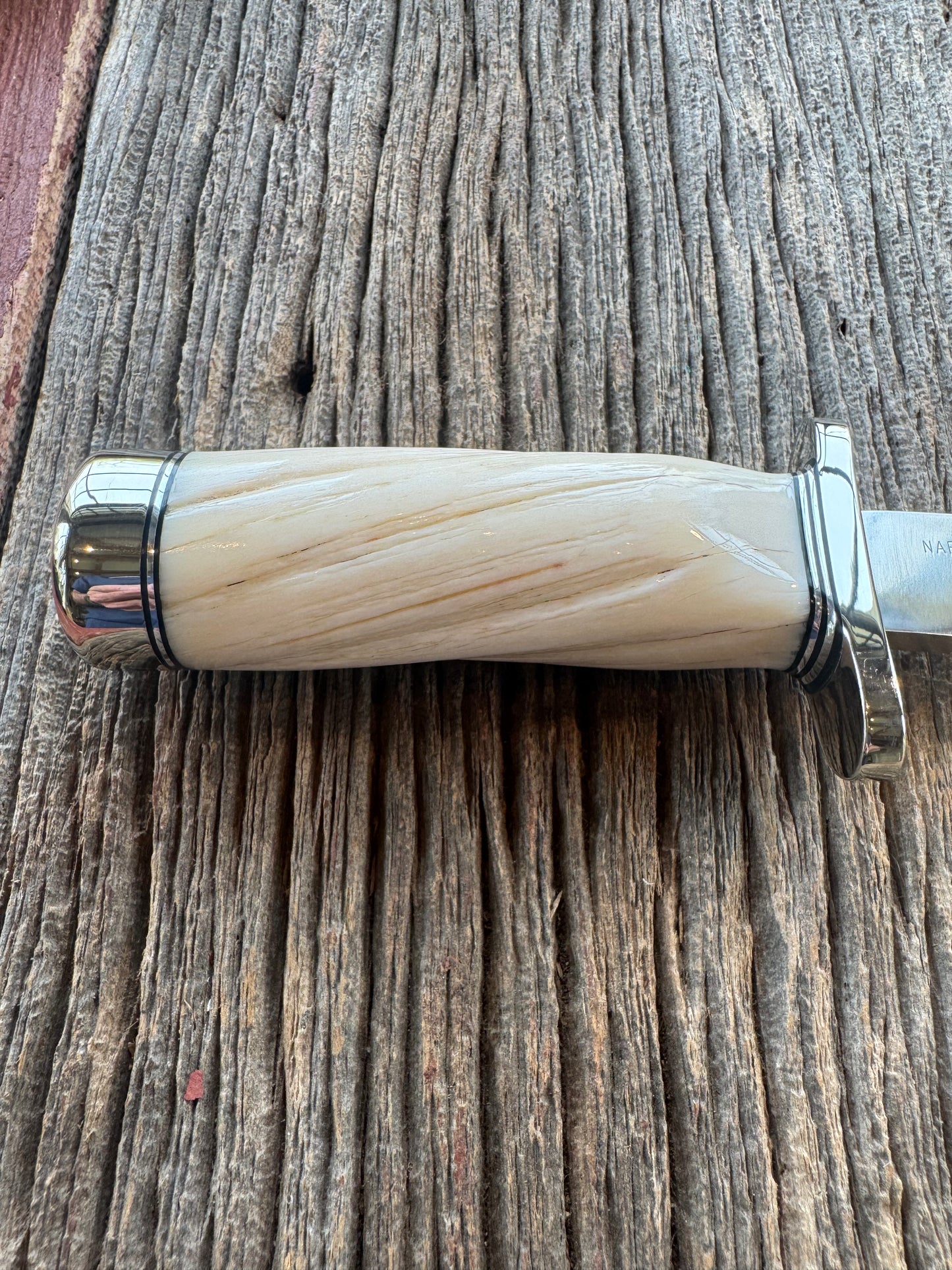 Rare Randall Model Combat Companion in Beautiful Spiraled Narwal, Nickel Silver Hilt and butt cap, black and silver spacers. SS Stunning and rare.