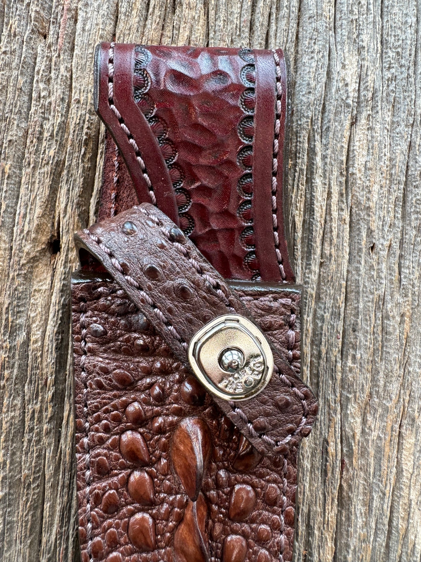 Randall Model 11-5 Sheath in Exotic Brown Snapping Turtle by Treeman. Spiked Dragon tail portion of the turtle.
