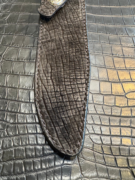 Randall Model 14 in Black Hippo Straight hilt, Canteen Snap, full brass stamping and stitching.