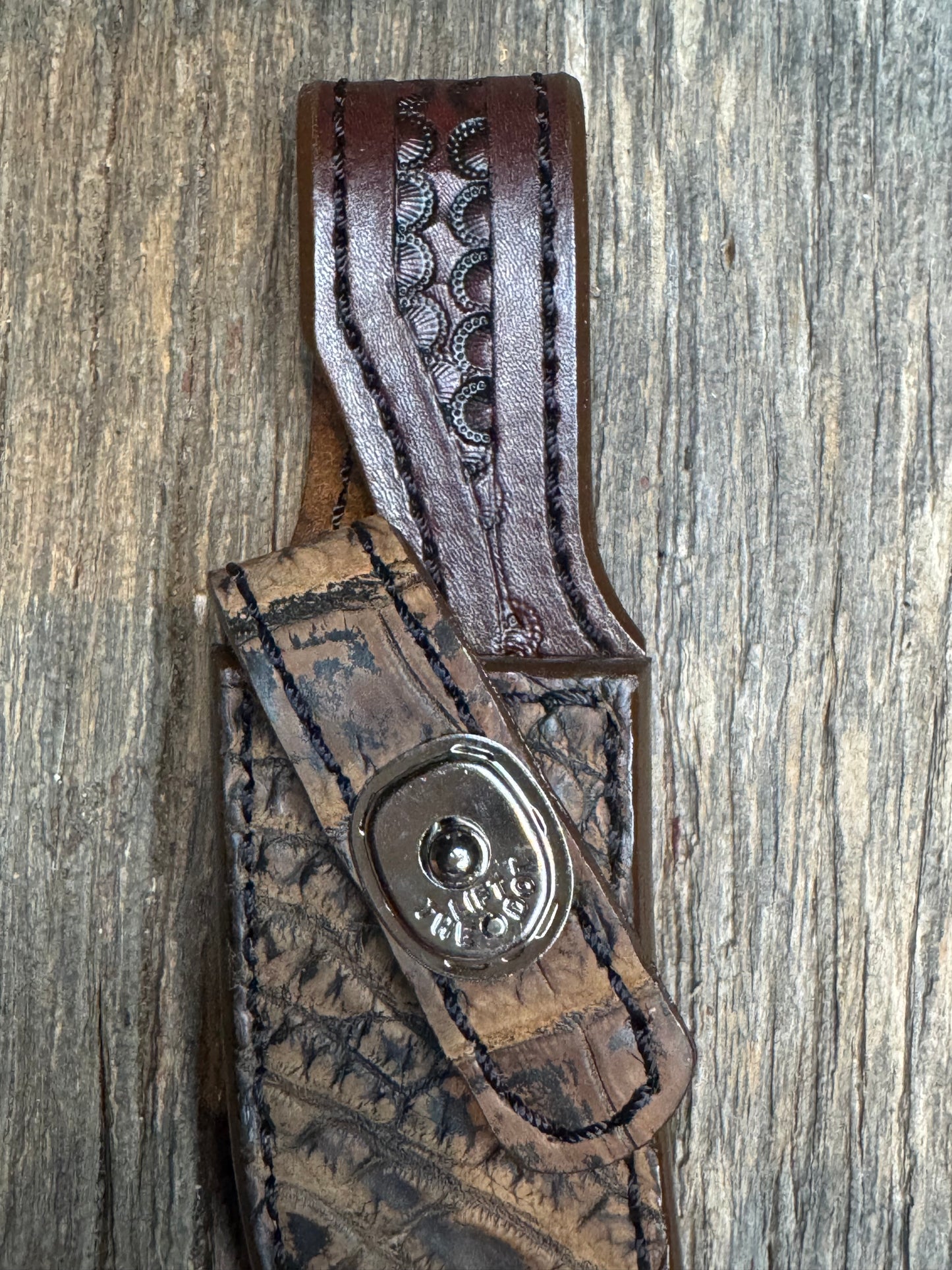 Randall Model 21 Sheath in Exotic Brown Sueded Crocodile from Treeman.
