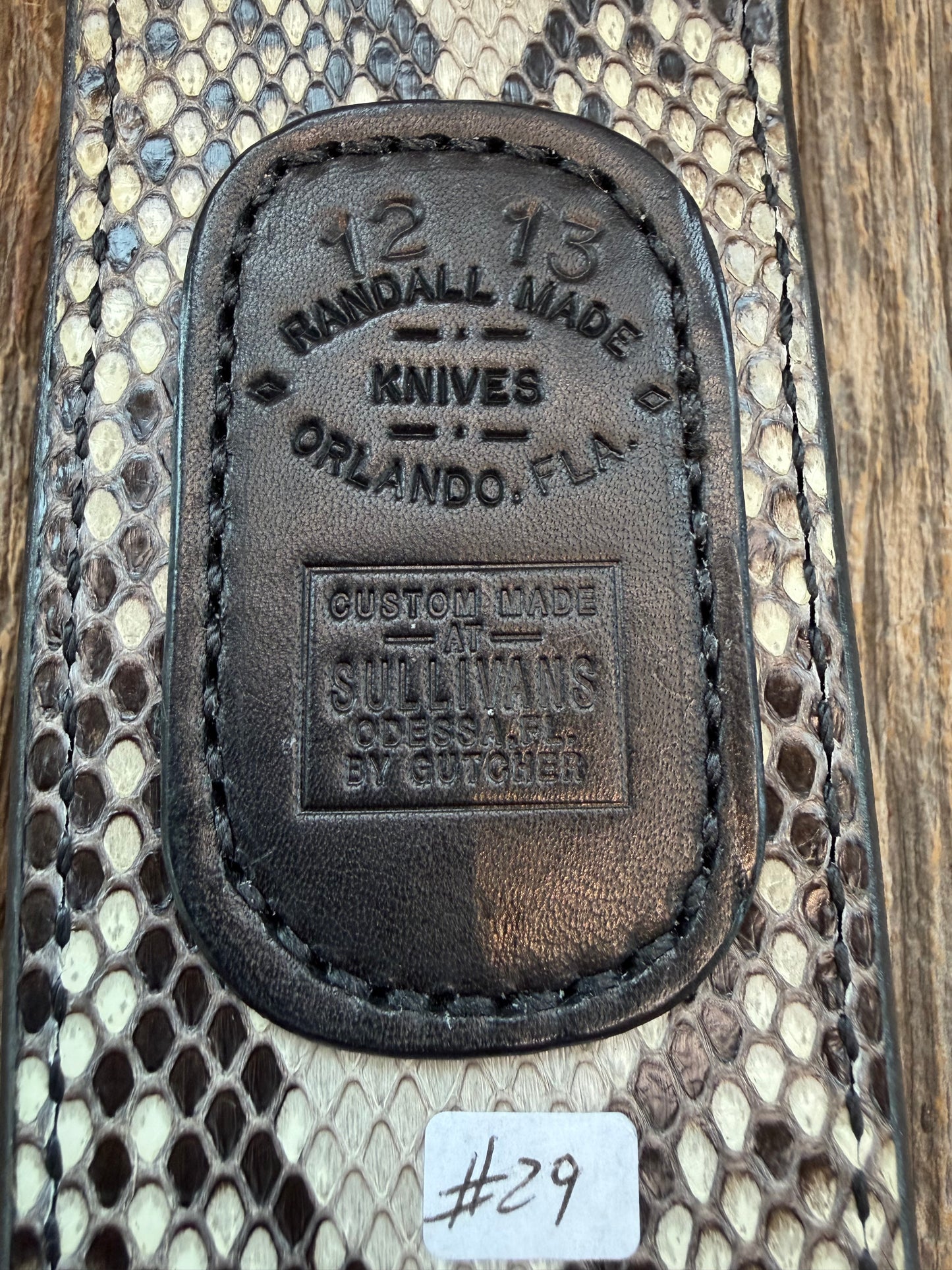 New Randall Model 12-13 Thorp Sheath in Exotic Black and White Python double sided (very rare) Custom Made at Sullivan’s by Gutcher.