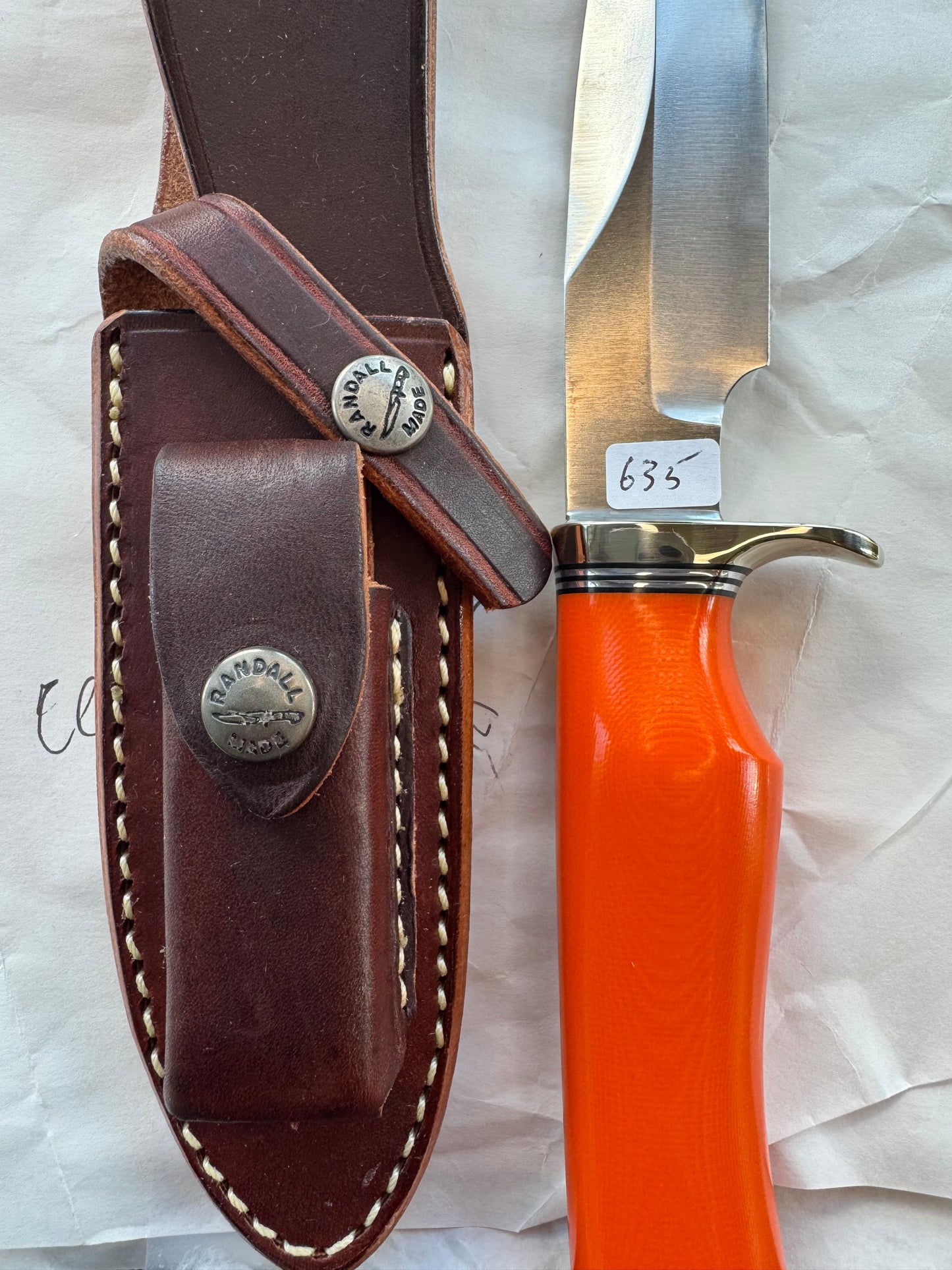 New in Paper Randall Knife Model Combat Companion Orange G10 Handle Stainless Steel, NSH Nickel Silver Single Hilt.