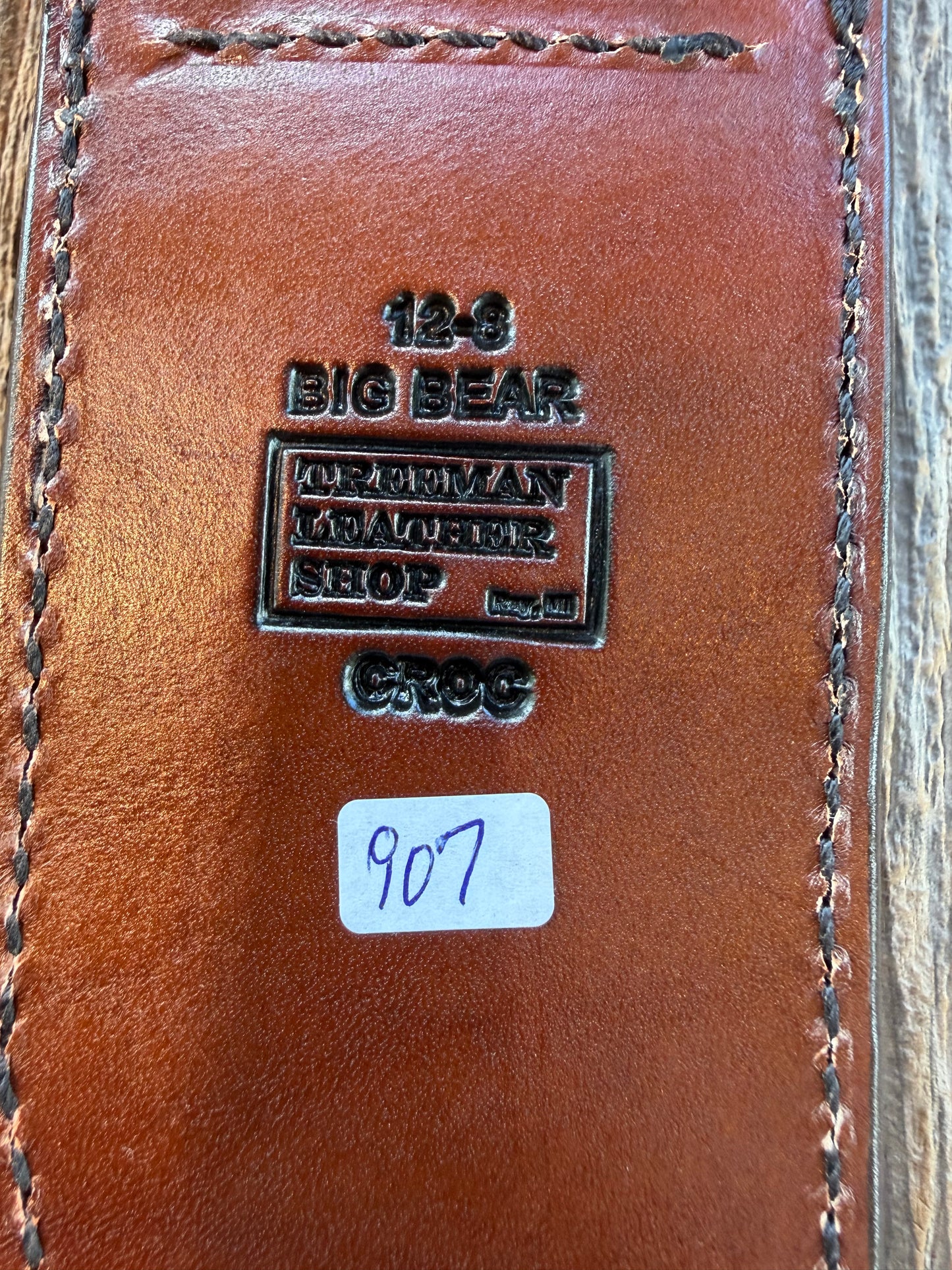 New Randall Model 12-8 Big Bear Sheath in Exotic Dark Brown Sueded Crocodile from Treeman with the newest Black Canteen snap.