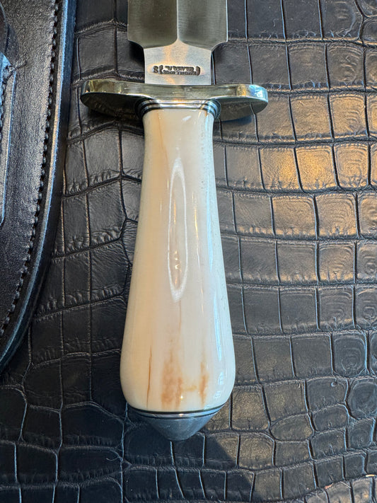 Randall Tom Clinton Dealer Special in a gorgeous piece of Creamy Fossil Walrus Ivory. Nickel Silver Hilt and Aluminum Flanged Butt cap.