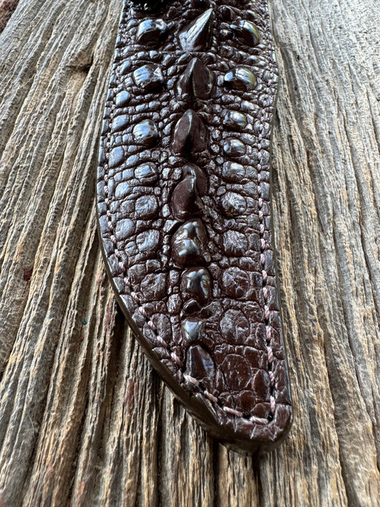 Randall Model 12-8 “Big Bear” Sheath in Exotic Dark Brown Snapping Turtle by Treeman. Spiked Dragon tail portion of the turtle.