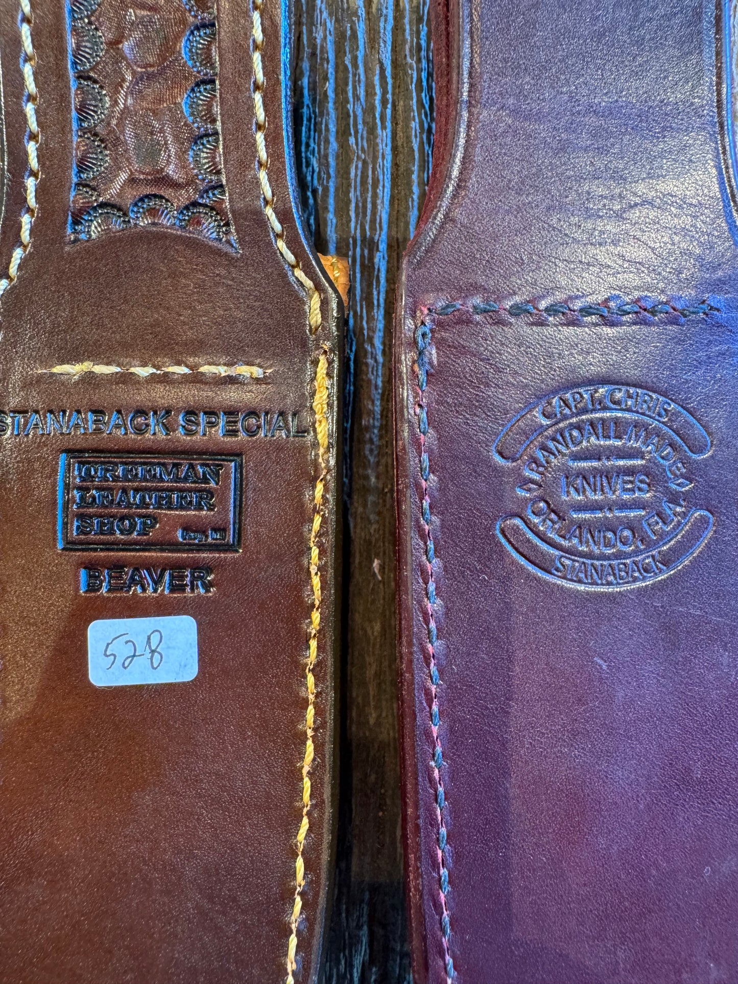 New Randall Dealer Special Stanaback Model in Musk Ox. Gorgeous all around Orange. Nickel Silver Single Hilt and butt plate. Stainless steel, bonus Beaver Sheath with Rod, Flawless knife.