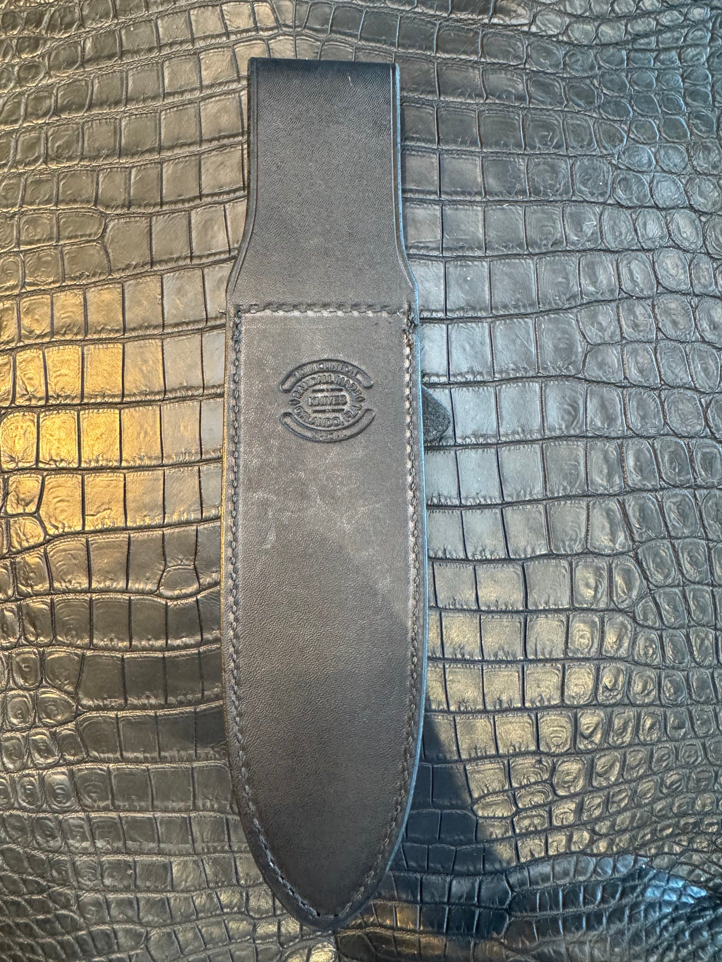 Randall Model Clinton Special Sheath (with Stone) in Black Leather made at Sullivans by Gutcher in Tampa Florida. Official sheath maker for Randall Knives.