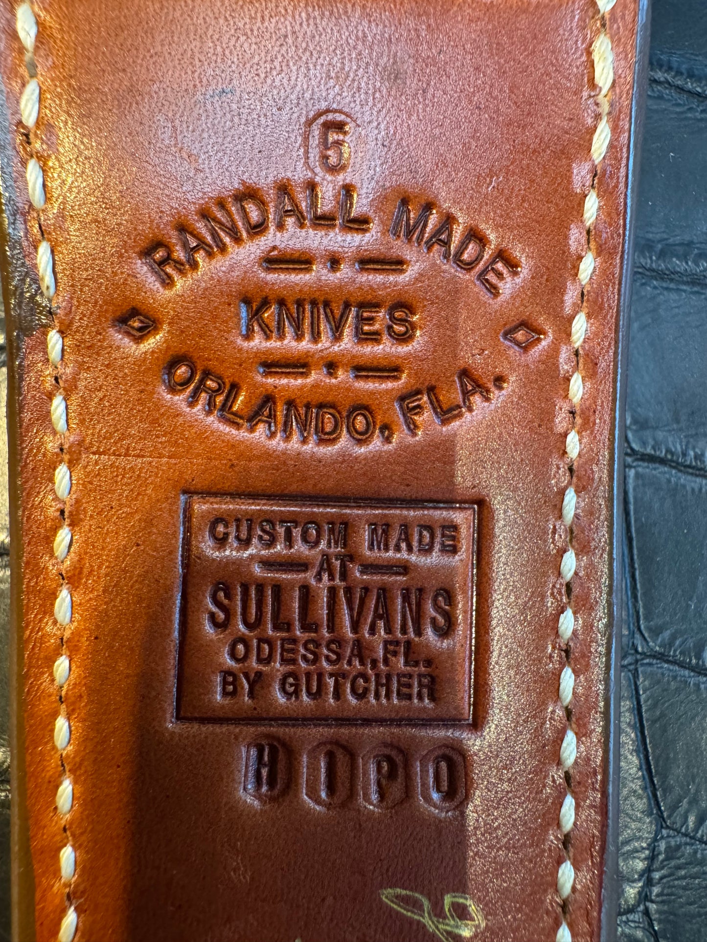 New Randall for a 5 Inch Blade straight Sheath in Exotic Tan/Gold Hippo Custom Made at Sullivan’s by Gutcher.