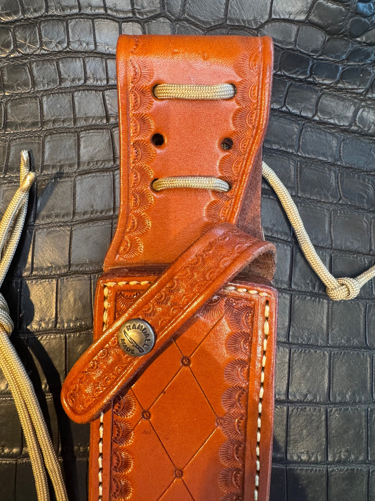 Randall Model 12-9C Sheath in a highly detailed Tooled Leather Custom Made at Sullivan’s by Gutcher.
