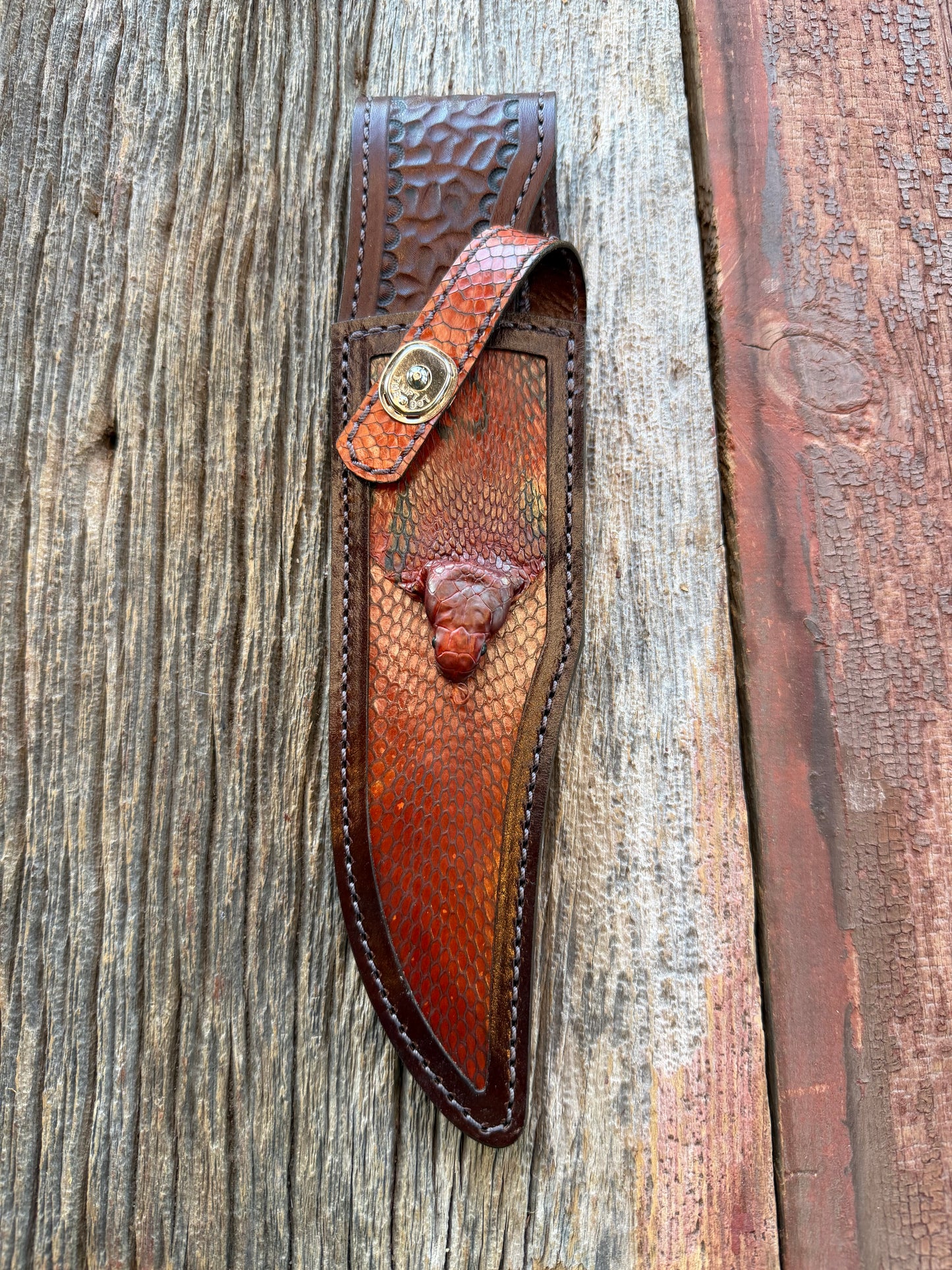 New Randall Model 12-8 Big Bear Sheath in Exotic Cobra with actual head by Treeman. Black and Browns … one of only a three I made.