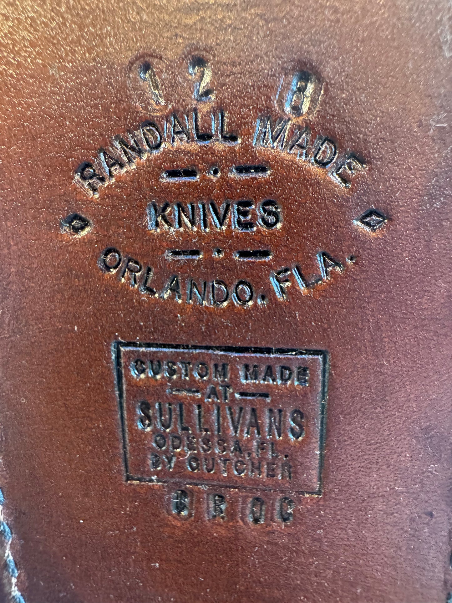 New Randall Model 12-8 Big Bear Sheath in Exotic Natural Croc Anus ( very rare) Custom Made at Sullivan’s by Gutcher.
