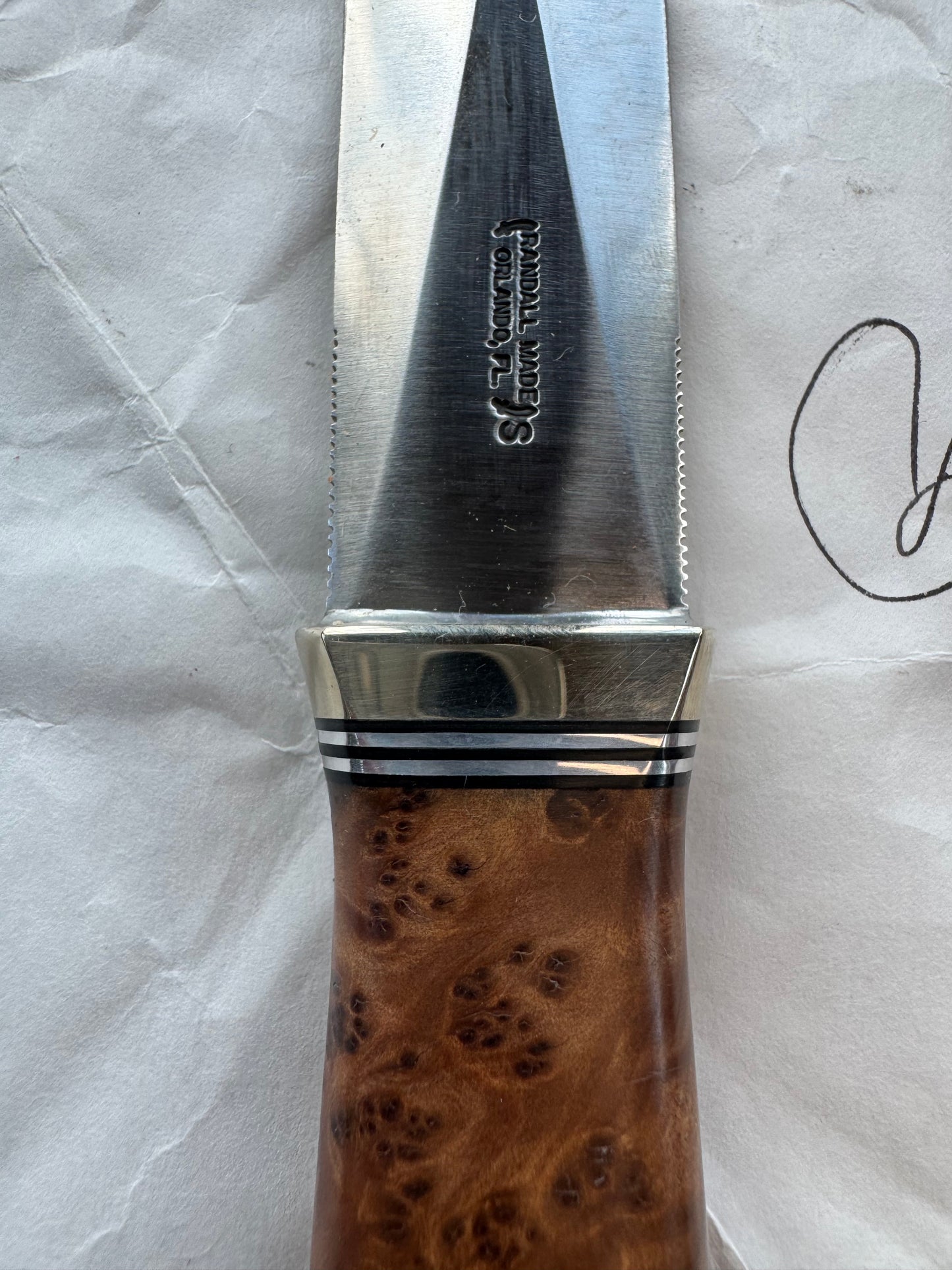 New in Paper Randall Model “Gambler” 4 Inch in Thuya Wood, Nickel hilt, Stainless, black and aluminum spacers.