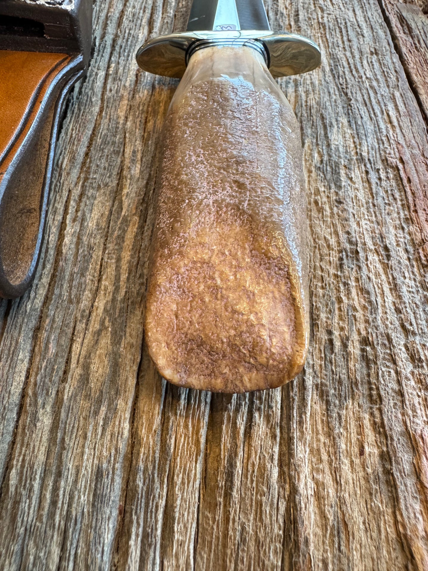 Randall Knife Model 13-6 Small Arkansas Toothpick Artifact. Fossil Walrus in an Ice Ax Handle. Included is a very rare Gutcher Rattlesnake sheath, Stainless Steel.