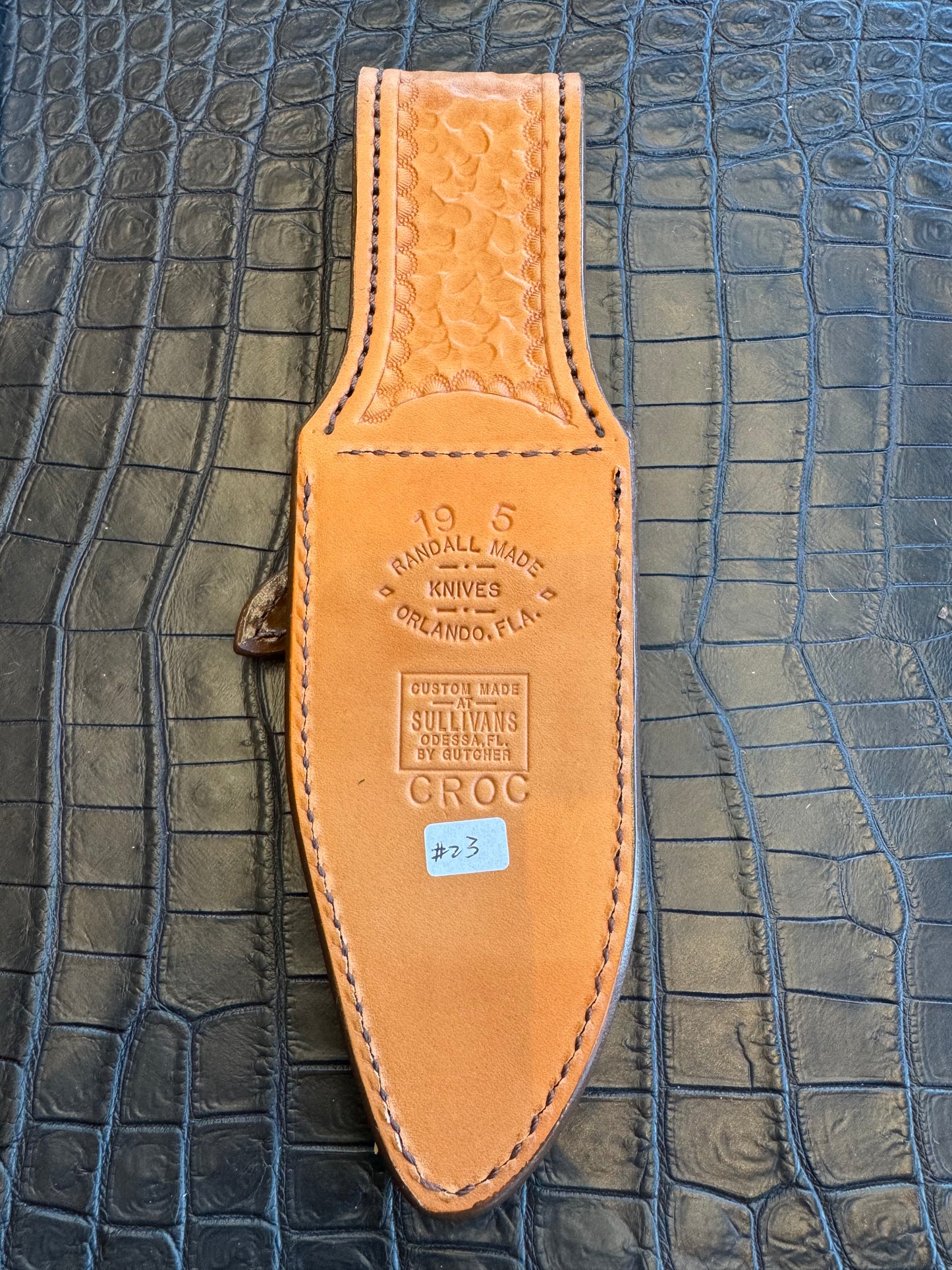 Randall Model 19-5 Exotic Brown Crocodile Sheath from Sullivans by Gutcher.