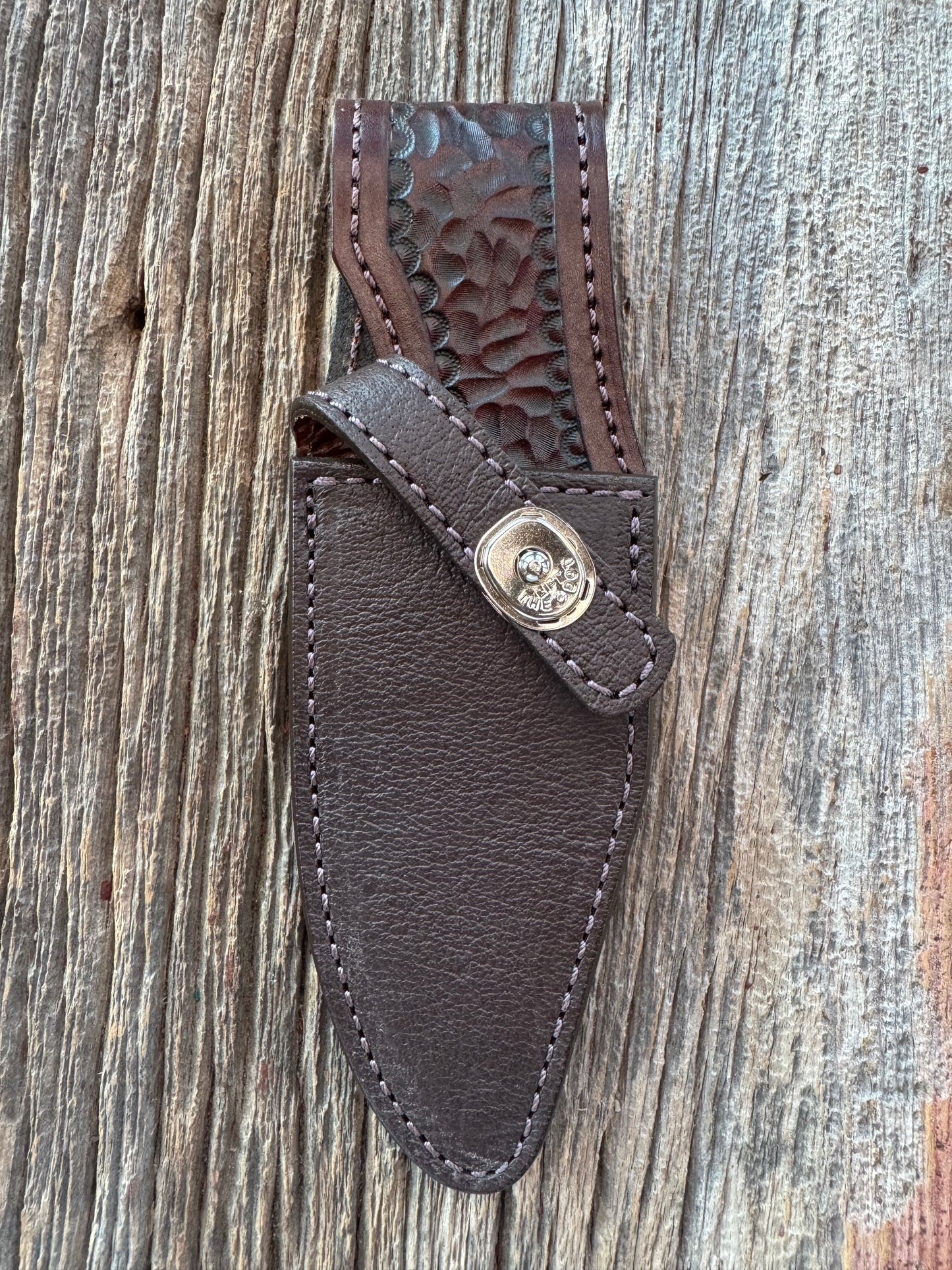 Randall Model 19-5 Exotic Cape Buffalo Sheath in dark brown leather from Treeman.