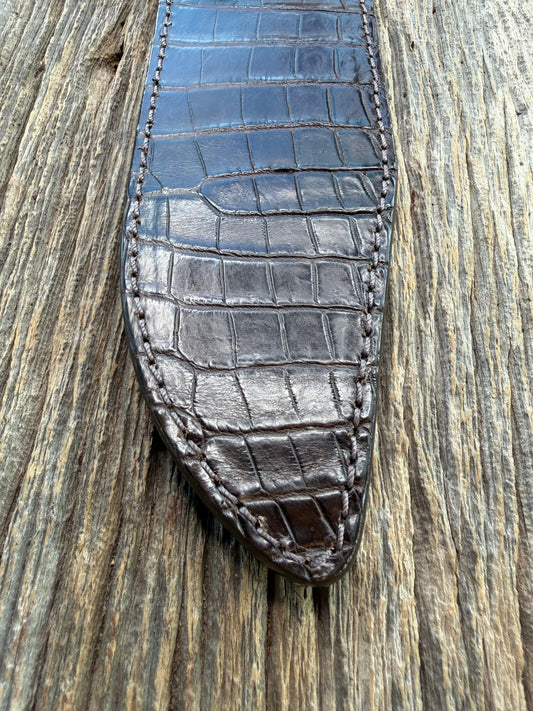 New Randall Model 12-9/14 Grind Sheath in Exotic Chocolate Brown Matte Crocodile from Treeman with the newest Black Canteen snap. Killer sheath.