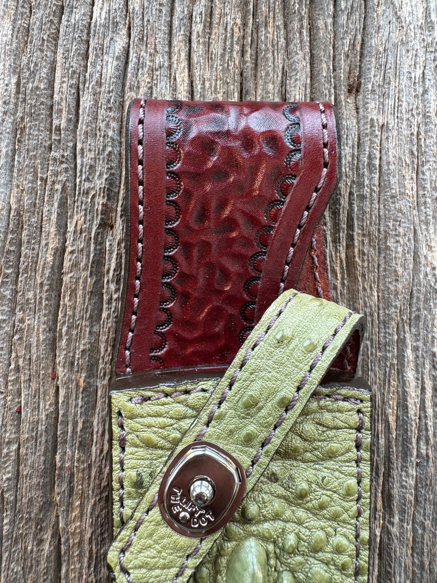 Randall Model 12-8 Sheath in Exotic Avocado Green Snapping Turtle by Treeman. Spiked Dragon tail portion of the turtle.