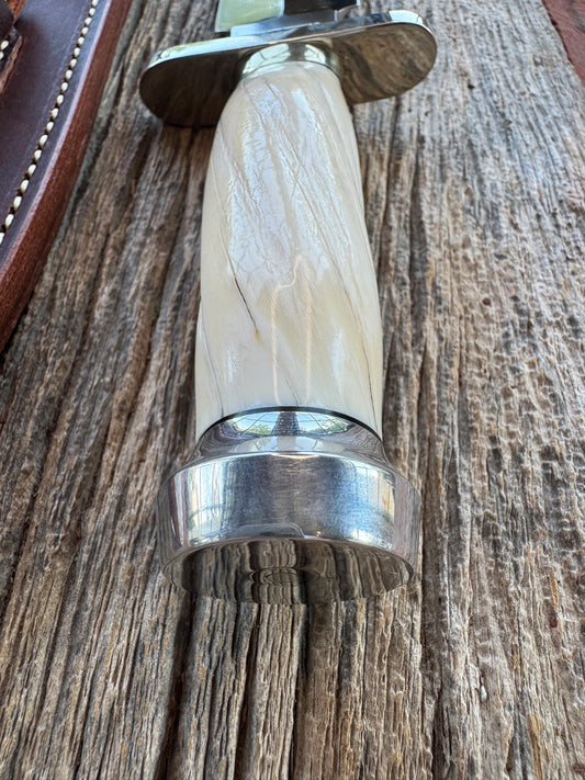 Rare Randall Model Clinton Special in Beautiful Spiraled Narwal, Nickel Silver hilt and aluminum durillium butt cap.Stainless steel, Stunning and rare, (slight fissure).