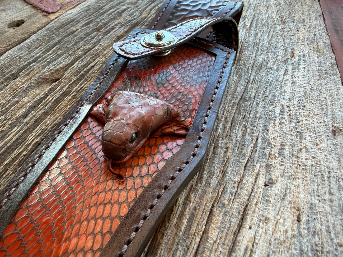 New Randall Model 12-8 Big Bear Sheath in Exotic Cobra with actual head by Treeman. Black and Browns … one of only a three I made.