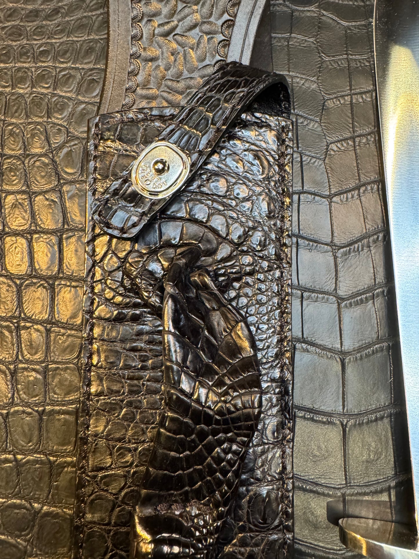 Randall Model Smithsonian “Smitty”Sheath in Exotic Australian Black Hornback ( foot and claw ) Crocodile skin from Treeman. Sheath only