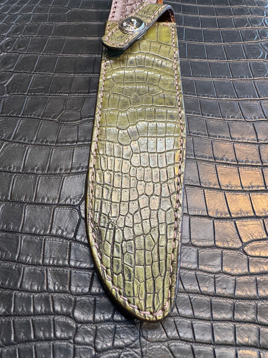 Randall Model 1-8 in Army Green Crocodile. Straight hilt, Canteen Snap, full brass stamping and stitching.