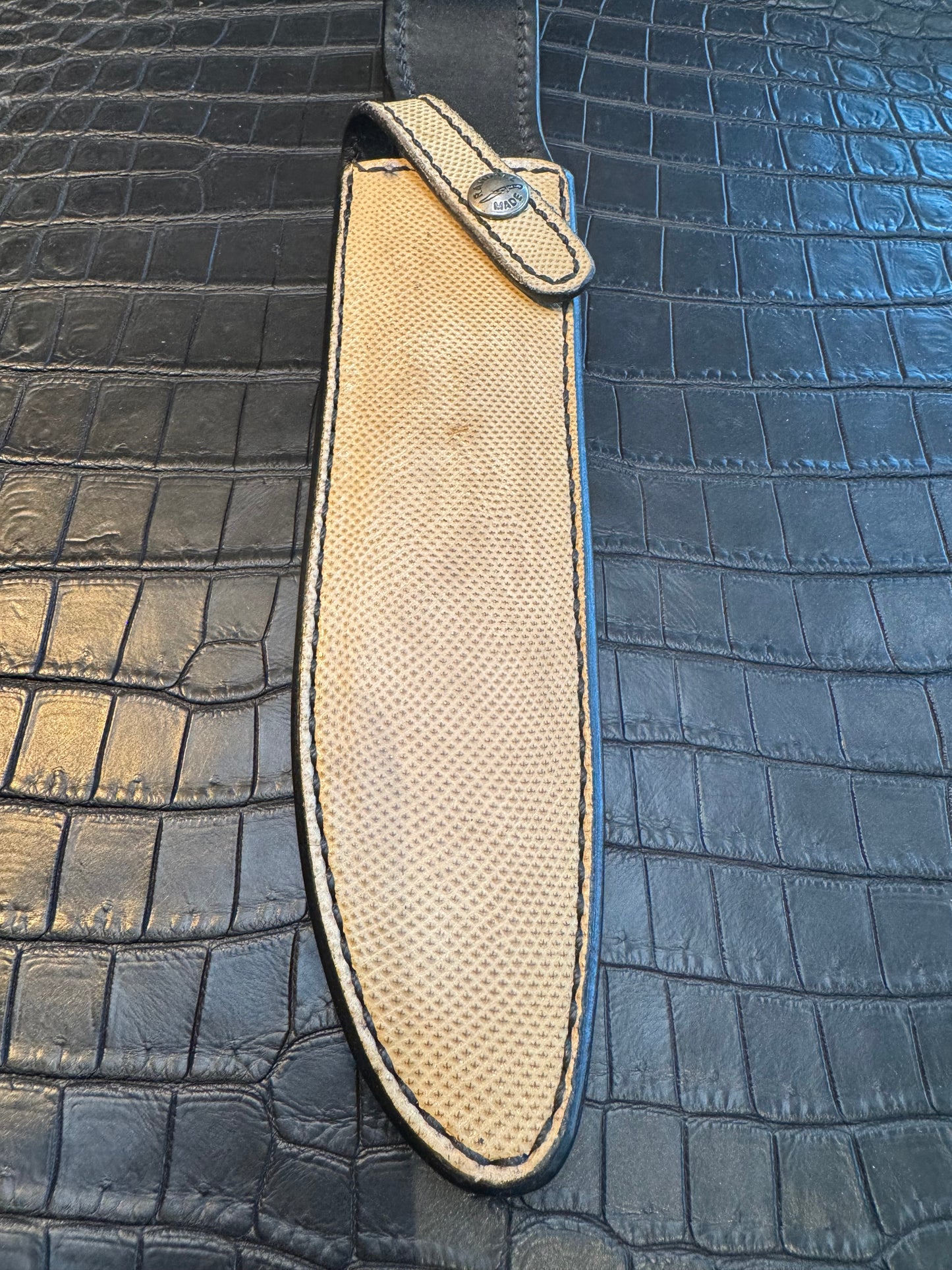 Randall Model 1-7 or 2-7 Sheath in Exotic Snake Skin Custom Made at Sullivan’s by Gutcher.