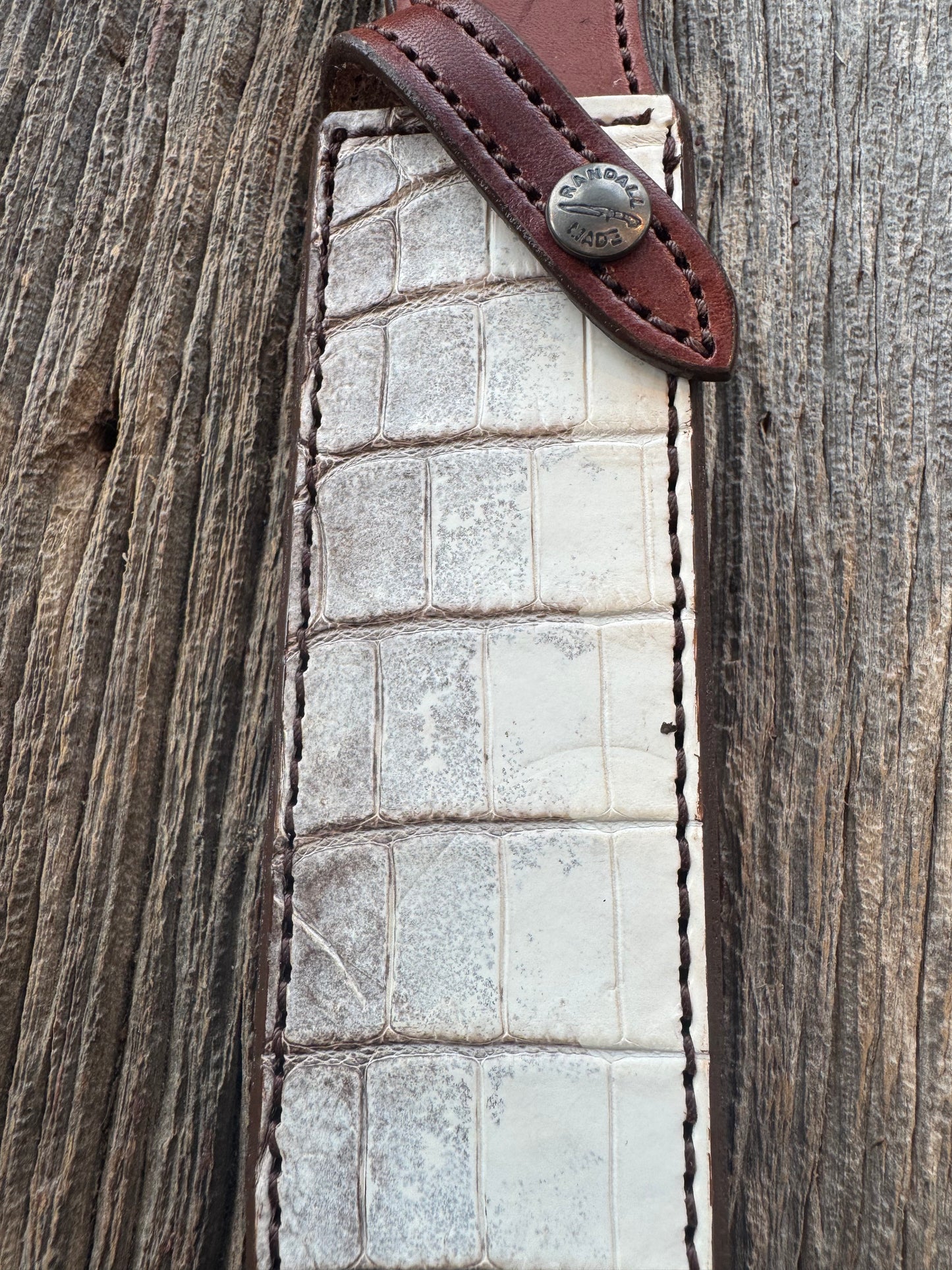 New Randall Model 1-8 or 2-8 Sheath in Exotic white and black Natural Croc with full leather belt loop. Custom Made at Sullivan’s by Gutcher with Randall stamp on back and snap.