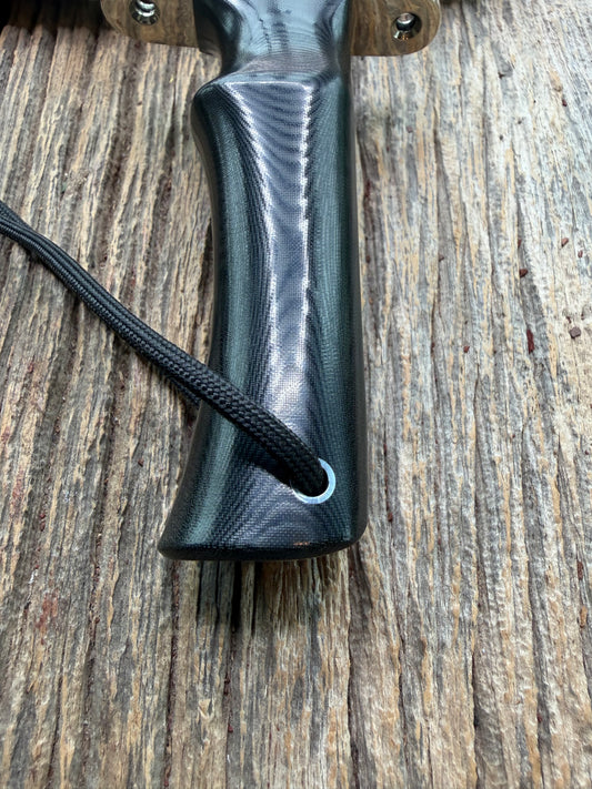 New in Paper Randall Model 16 SP#1 Special fighter with a Black Micarta handle. SS blade, Nickel silver Double hilt. Lanyard. Brown leather sheath.